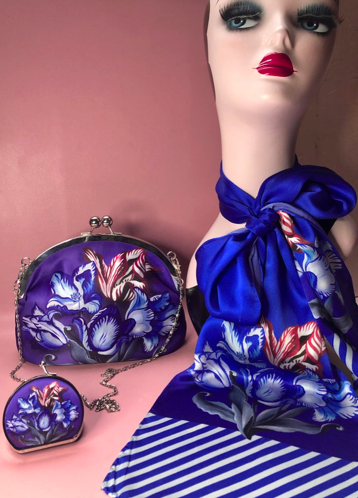 Clip purse, mirror and Silk scarf Set of 3, Porcelain